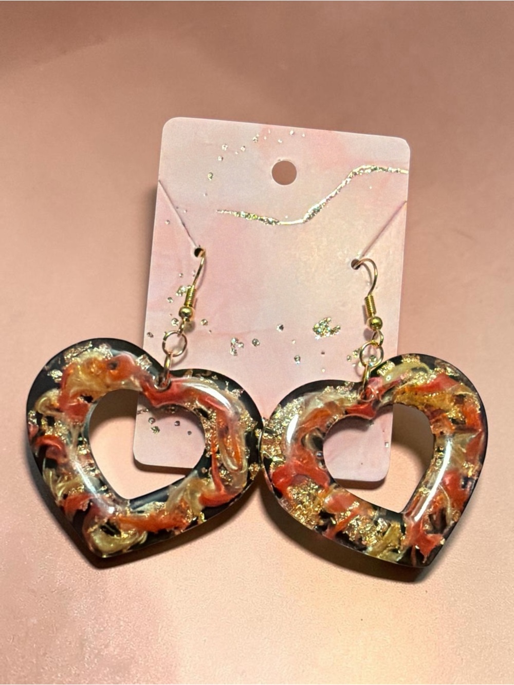 Handmade Heart Drop Earrings - Red and gold with black background & gold flakes